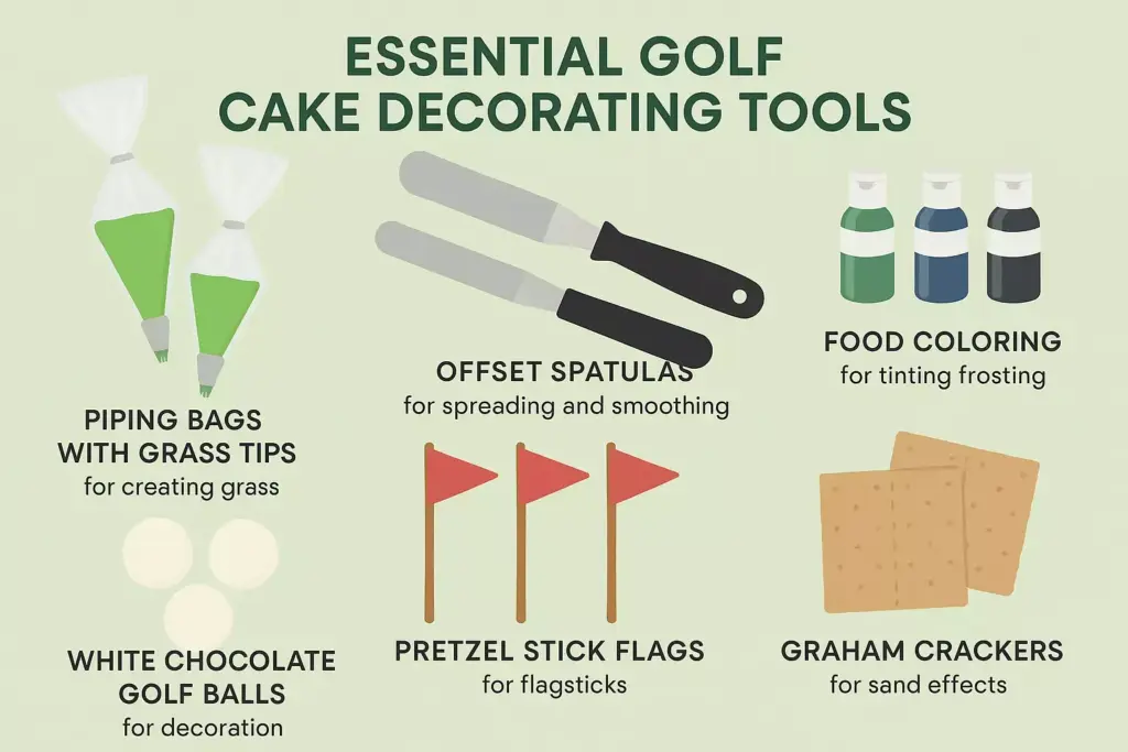 Illustration of essential golf cake decorating tools with labeled images and brief descriptions for each item.