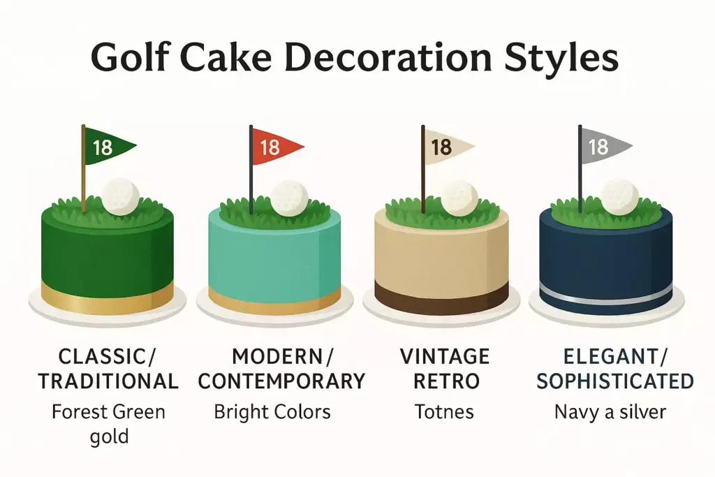 Four golf-themed cakes in different styles: classic, modern, vintage, and elegant, each with a flag and golf ball.