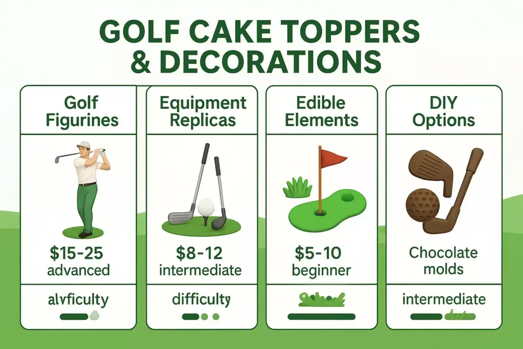 Infographic showing types of golf cake toppers with prices, skill levels, and illustrations for each category.
