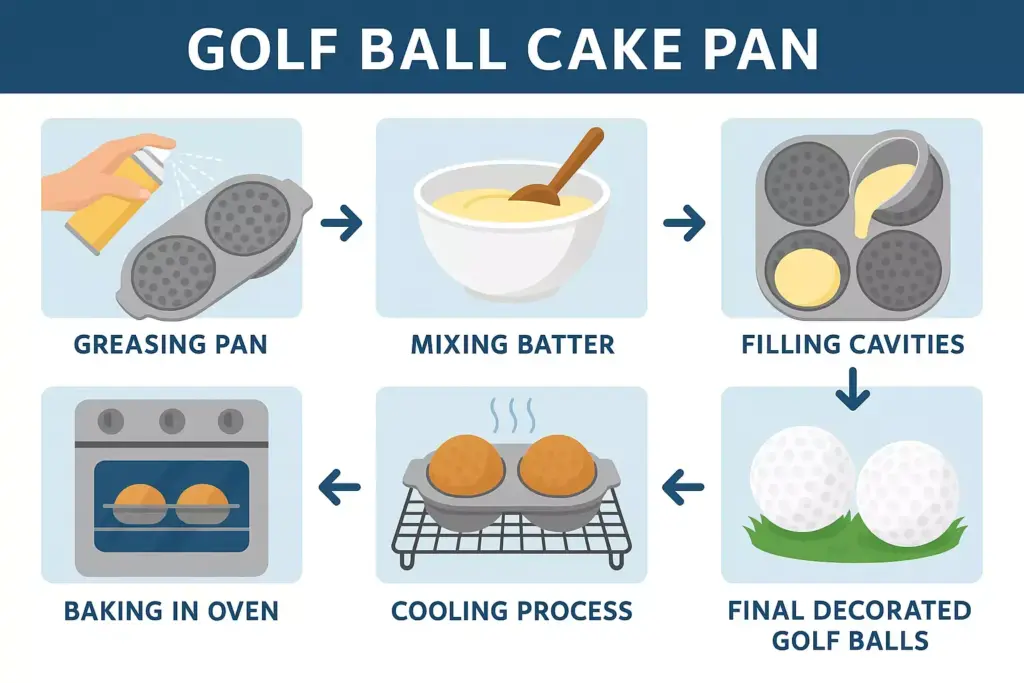 Step-by-step diagram showing how to bake and decorate golf ball-shaped cakes using a special cake pan.