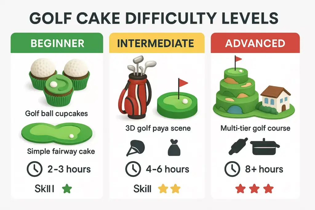Golf cake difficulty chart: beginner, intermediate, advanced, with cake images, skill levels, and time estimates.