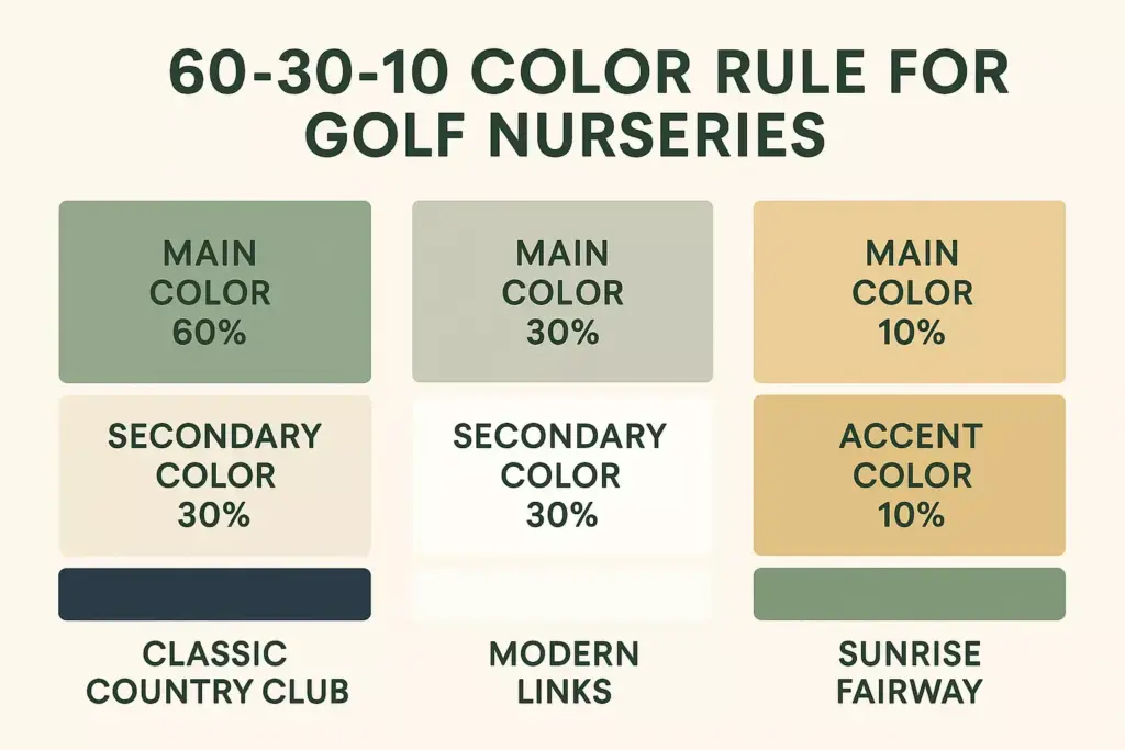 Infographic showing 60-30-10 color rule for golf nurseries with three color scheme examples.