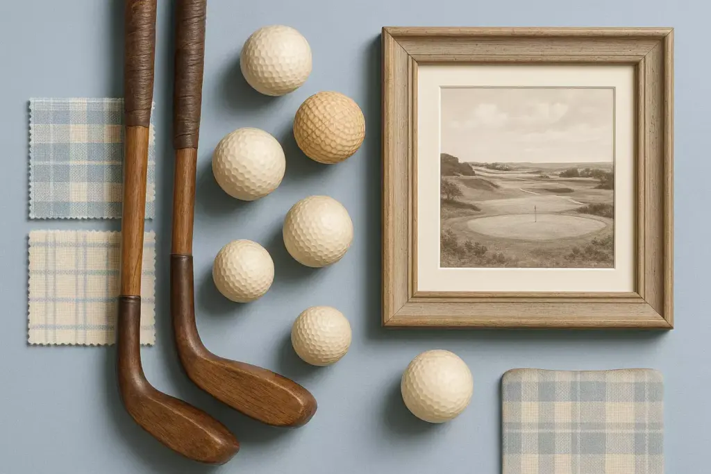 Two vintage golf clubs, nine golf balls, plaid fabric swatches, and a framed golf course photo on a blue surface.