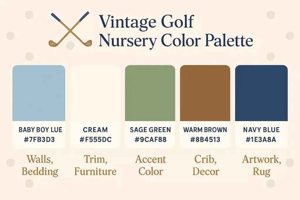 Vintage golf nursery color palette with blue, cream, green, brown, and navy swatches, each labeled with hex codes.