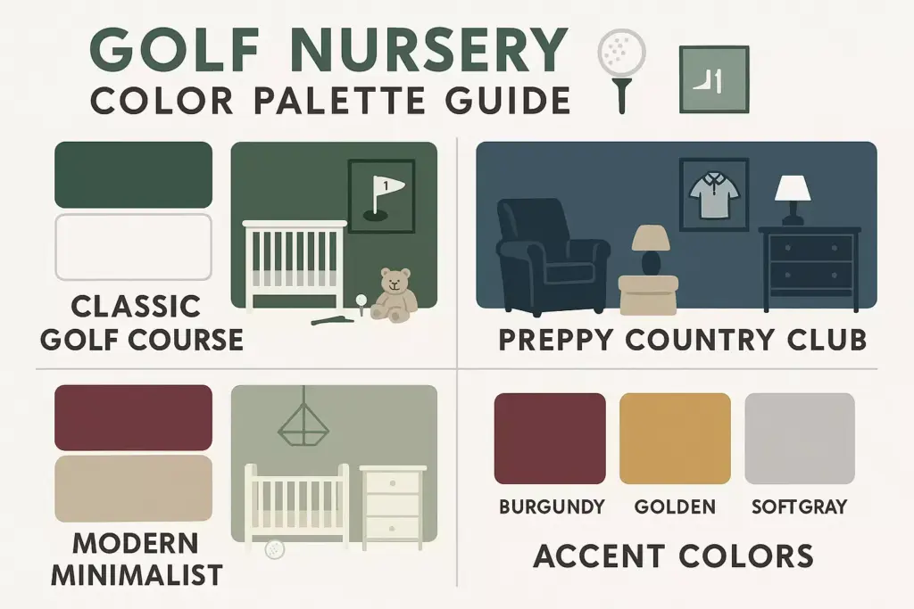 Golf nursery color palette guide with classic, preppy, modern, and accent colors, plus nursery furniture icons.