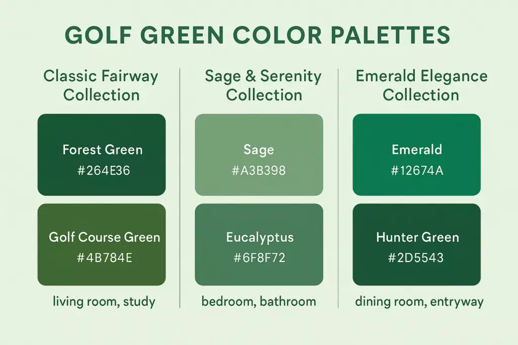 A chart showing three green color palettes with shade names and suggested room uses for each.