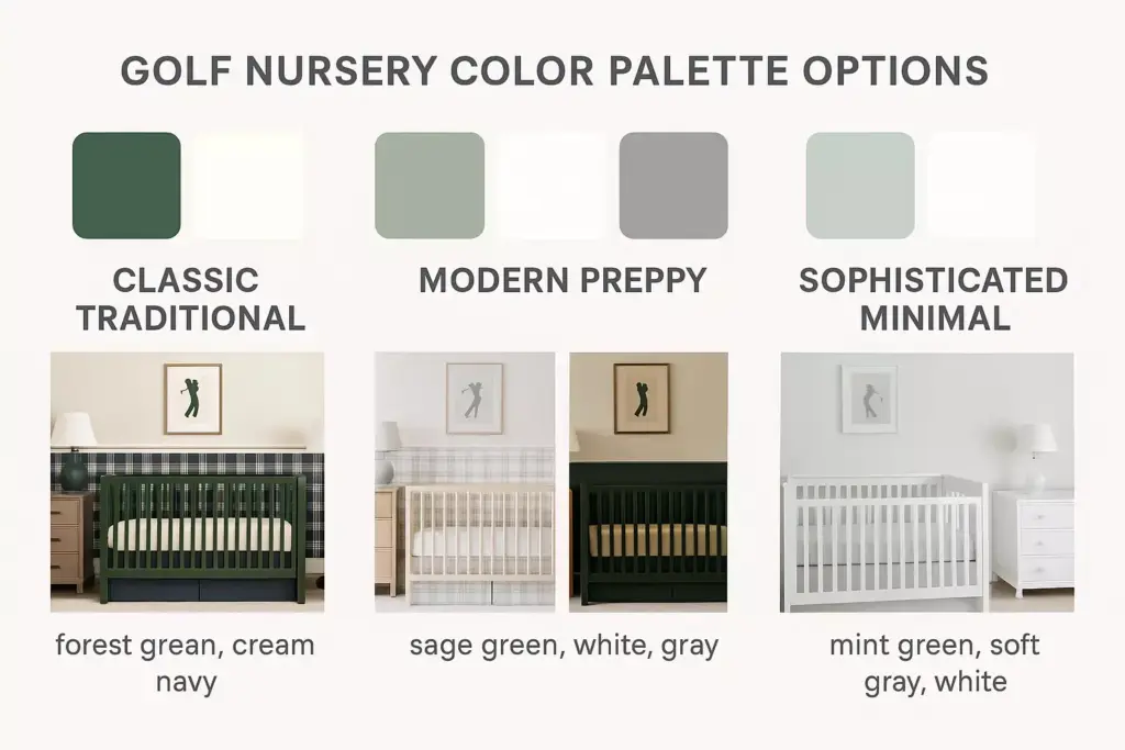 Three golf nursery color palettes: classic (green), preppy (sage), minimal (mint); sample cribs shown below each.