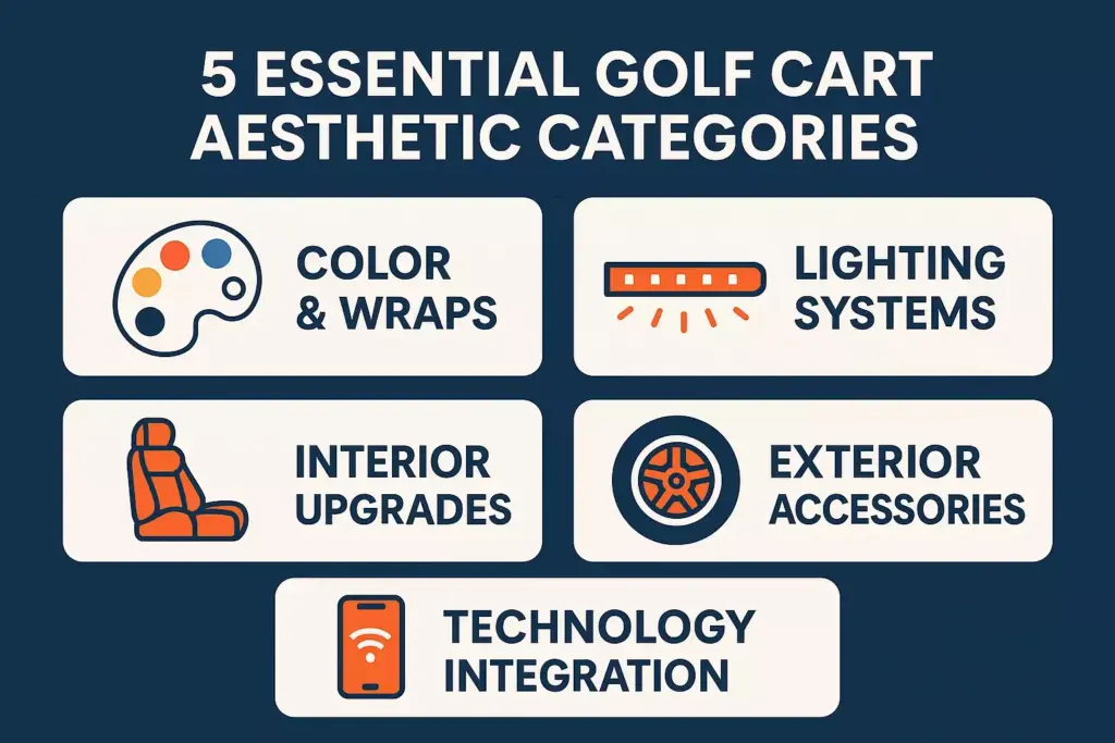 Infographic listing five essential golf cart aesthetic categories with icons for each category.