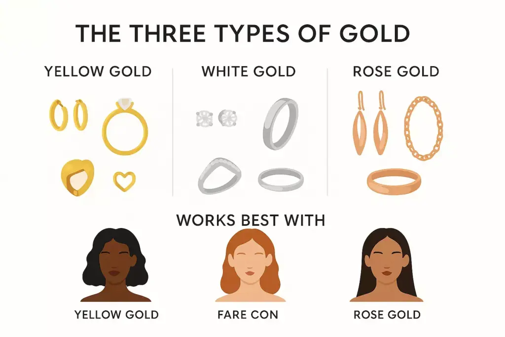 Three types of gold jewelry with skin tone suggestions: yellow, white, and rose gold with matching models.