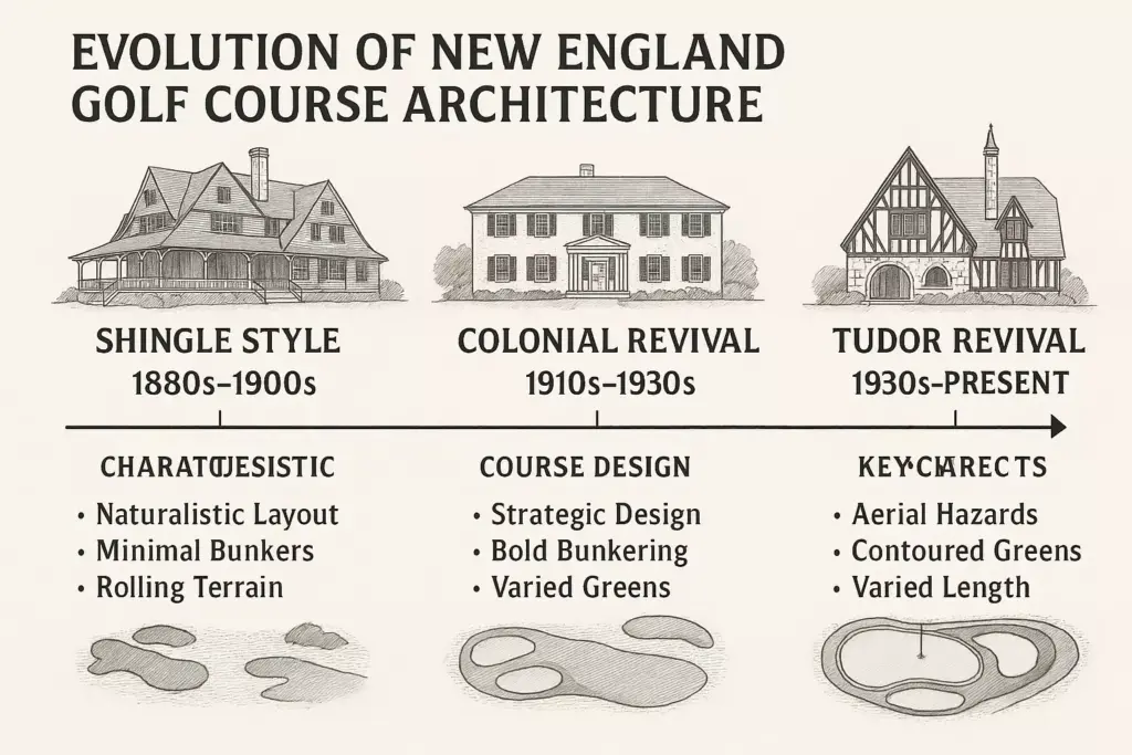 Infographic showing New England golf course architecture styles: Shingle, Colonial Revival, and Tudor Revival.