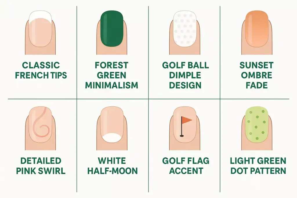 Eight illustrated nail art designs labeled: French tips, green minimal, dimple, ombre, pink swirl, half-moon, flag, dot.