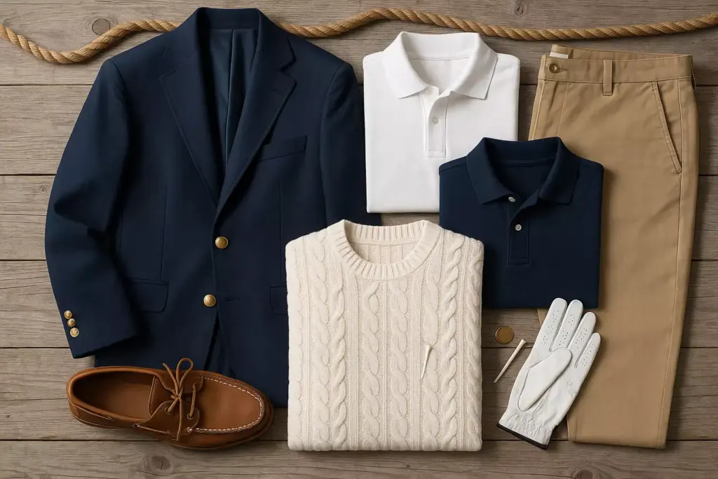 Navy blazer, white cable sweater, polos, khaki pants, brown loafers, gloves, and a button on wood background.