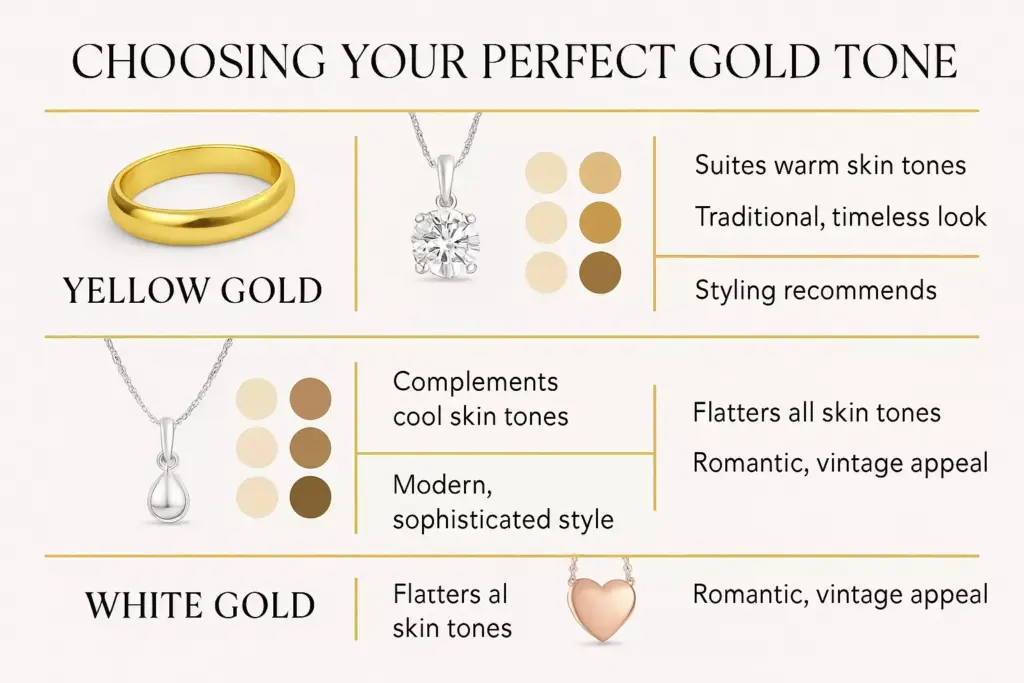 Chart comparing yellow and white gold tones, their style, color matches, and which skin tones they flatter.