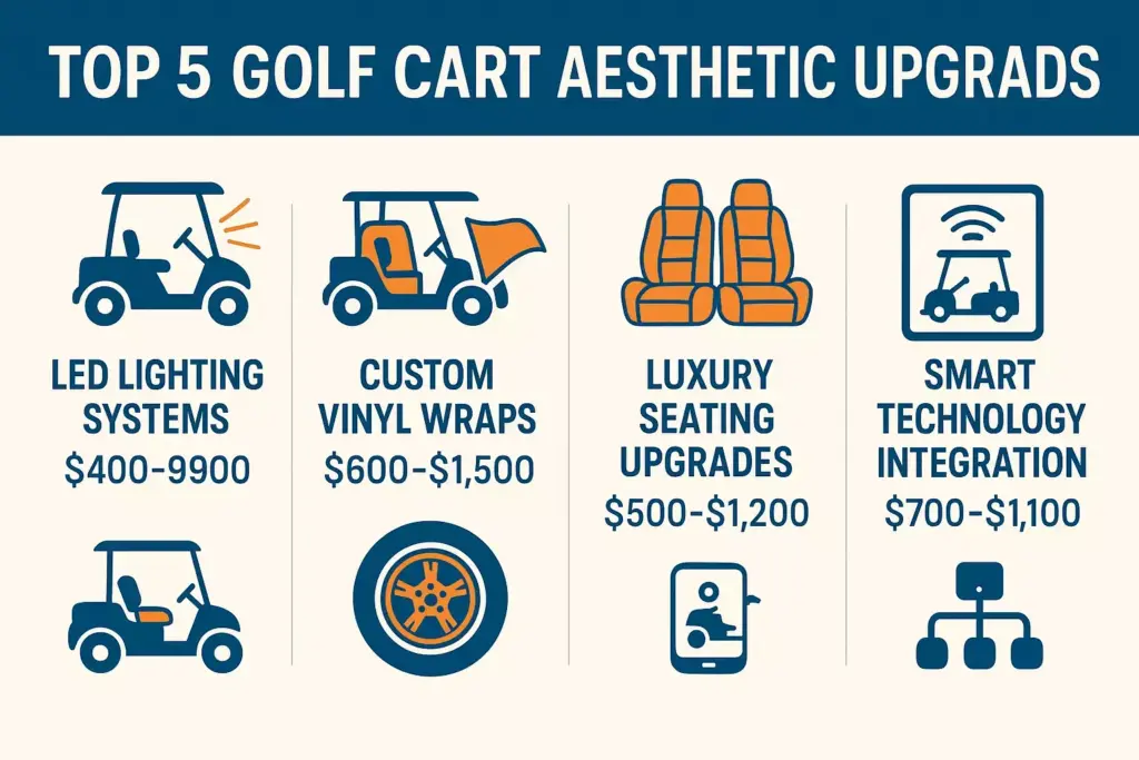 Infographic showing top 5 golf cart upgrades with icons, prices, and brief descriptions for each option.