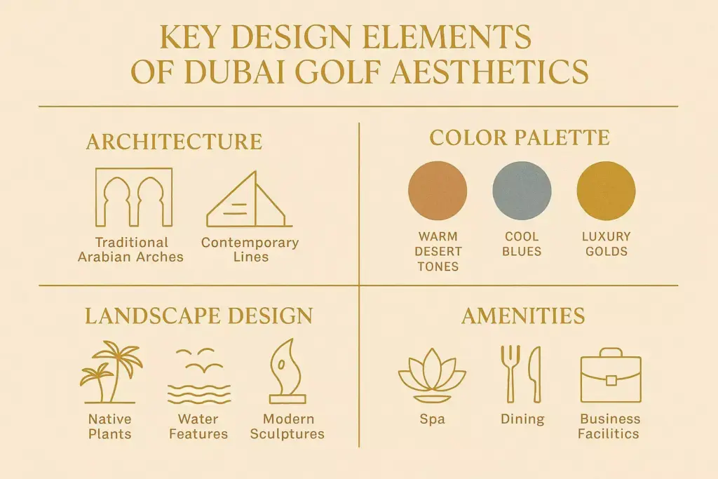Infographic detailing Dubai golf aesthetics: architecture, color palette, landscape design, and amenities.
