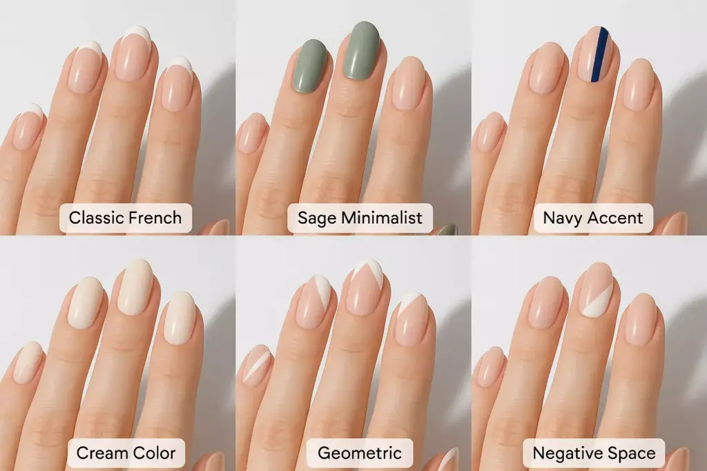 Six hands with different minimalist nail designs, each labeled: French, Sage, Navy, Cream, Geometric, Negative Space.