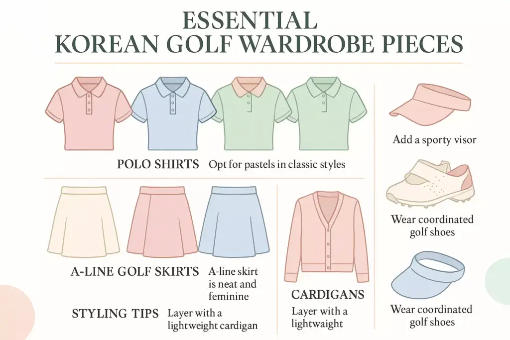 Infographic showing pastel polo shirts, skirts, cardigan, visor, shoes, and cap as Korean golf wardrobe essentials.