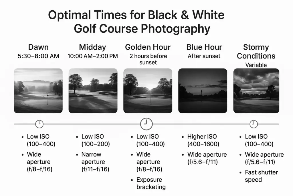 Infographic showing best times and camera settings for black & white golf course photography with sample images.