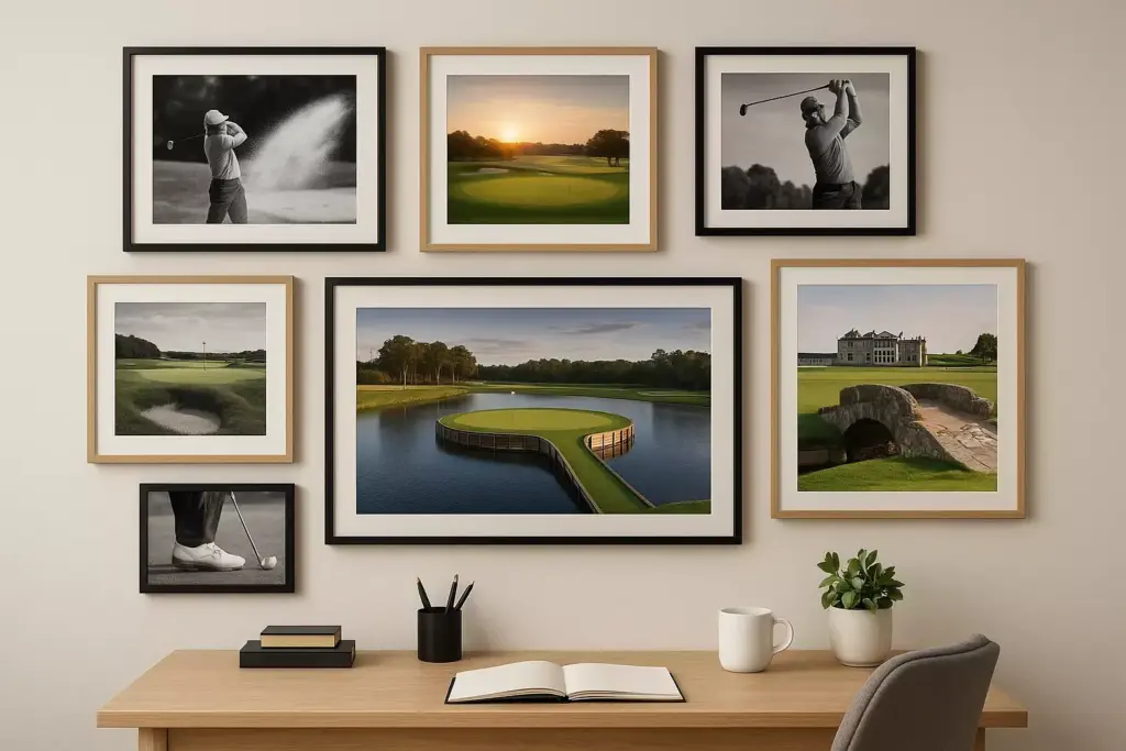 A wall above a desk displays seven framed golf-themed photos, including courses and players.