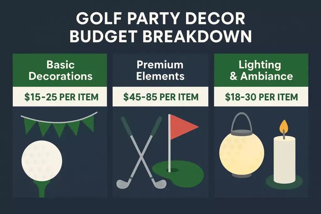 Infographic showing golf party decor costs for decorations, premium elements, and lighting per item.