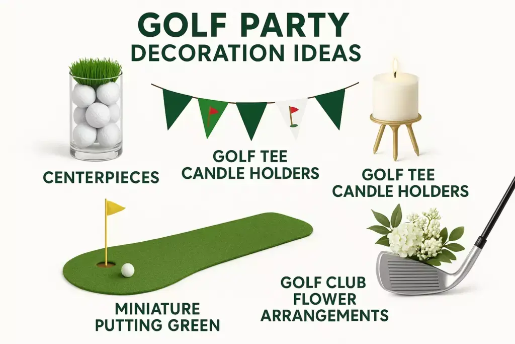 Golf party decoration ideas including centerpieces, banners, candle holders, putting green, and flower arrangements.