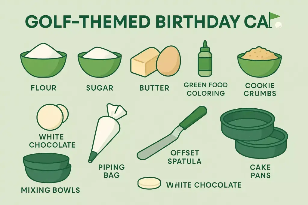 Ingredients and tools for a golf-themed birthday cake, including bowls, butter, eggs, and piping bag.