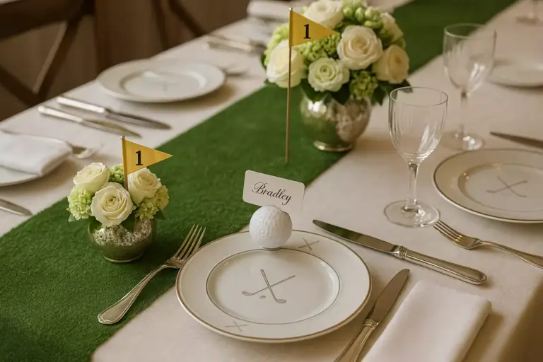 Elegant table setting with golf-themed decor, white roses, and place card in a golf ball reading Bradley.