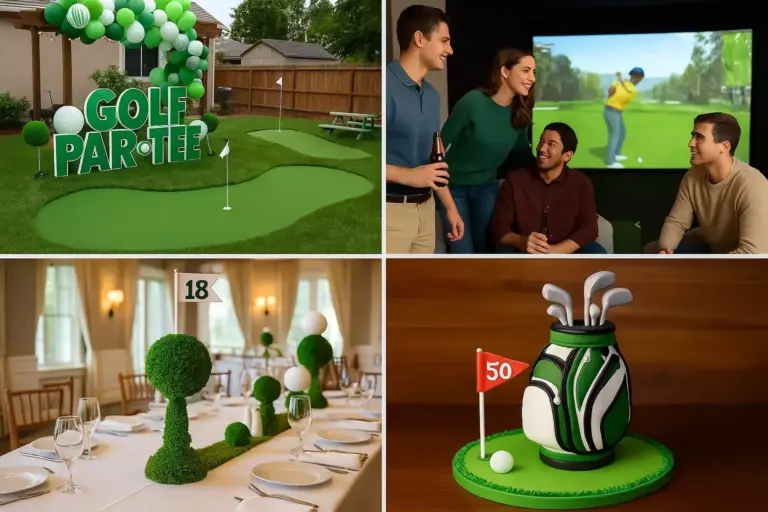 A golf-themed party with mini golf, golf simulator, golf centerpieces, and a golf bag cake.