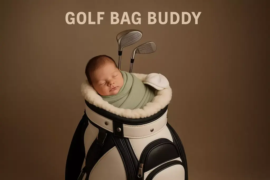 A sleeping baby is wrapped in a blanket, nestled inside a golf bag with clubs. Text: GOLF BAG BUDDY.