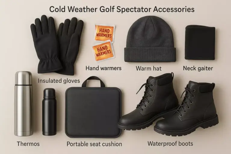 Cold weather golf accessories: gloves, hand warmers, hat, neck gaiter, thermos, cushion, boots.