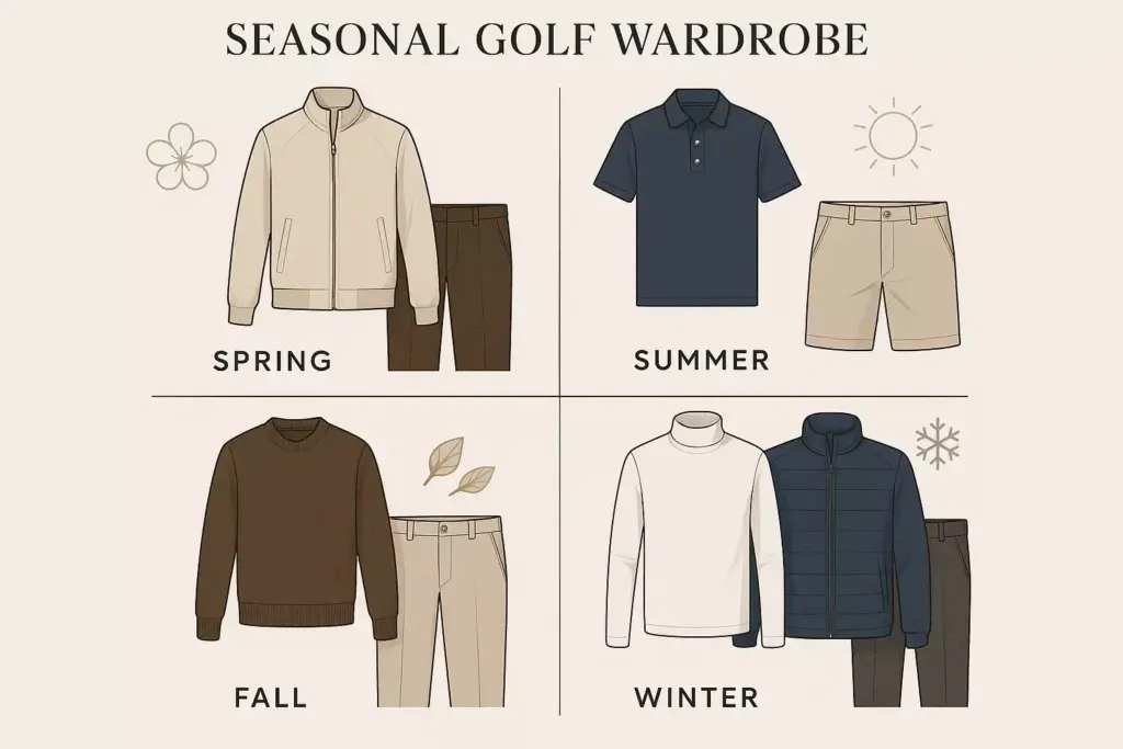 A chart shows golf outfits for spring, summer, fall, and winter with matching tops and bottoms for each season.
