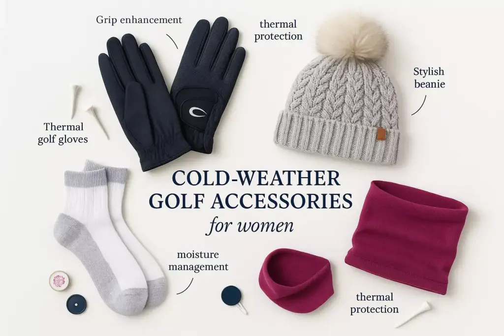 Cold-weather golf accessories for women: gloves, beanie, socks, ear warmer, and neck warmer on white background.