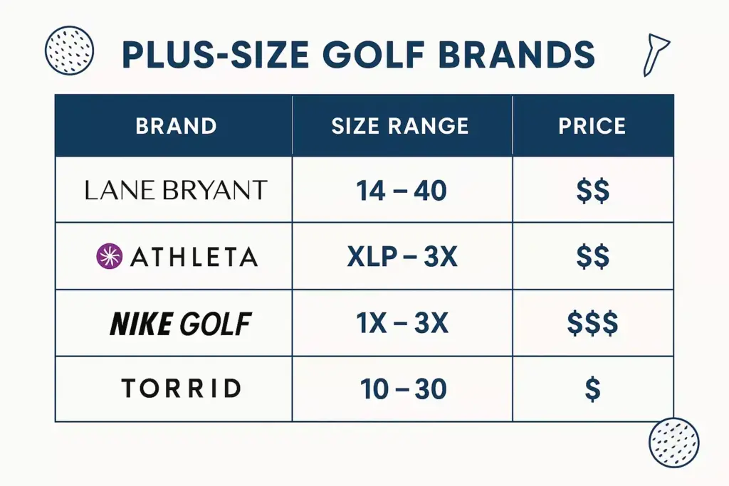 Table listing four plus-size golf brands with size ranges and price symbols on a white background.