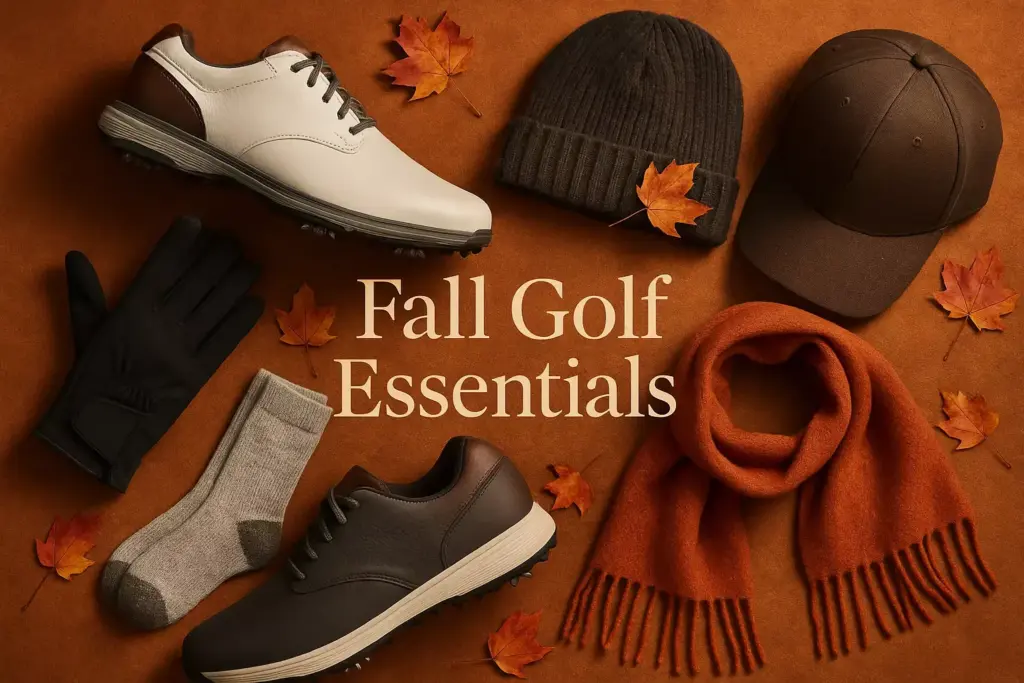Fall golf essentials: golf shoes, gloves, socks, beanie, cap, scarf, and autumn leaves on a brown background.