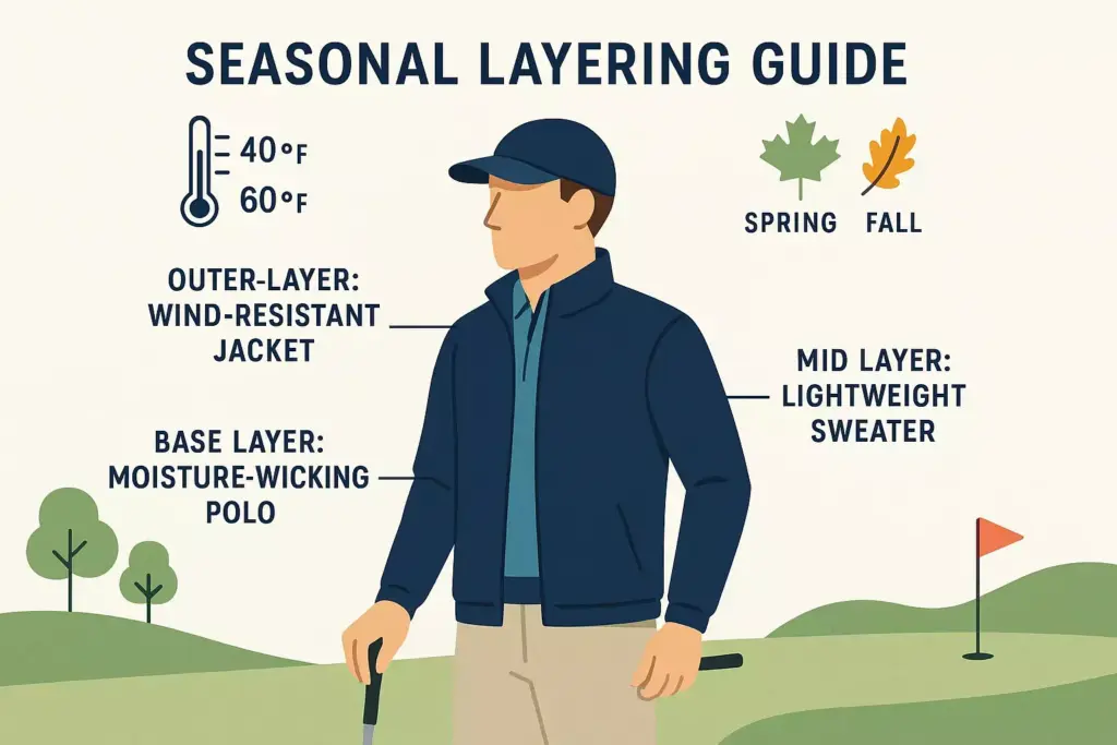 Illustration of a man layering clothes for cool weather golf, labeled with jacket, sweater, and polo shirt.