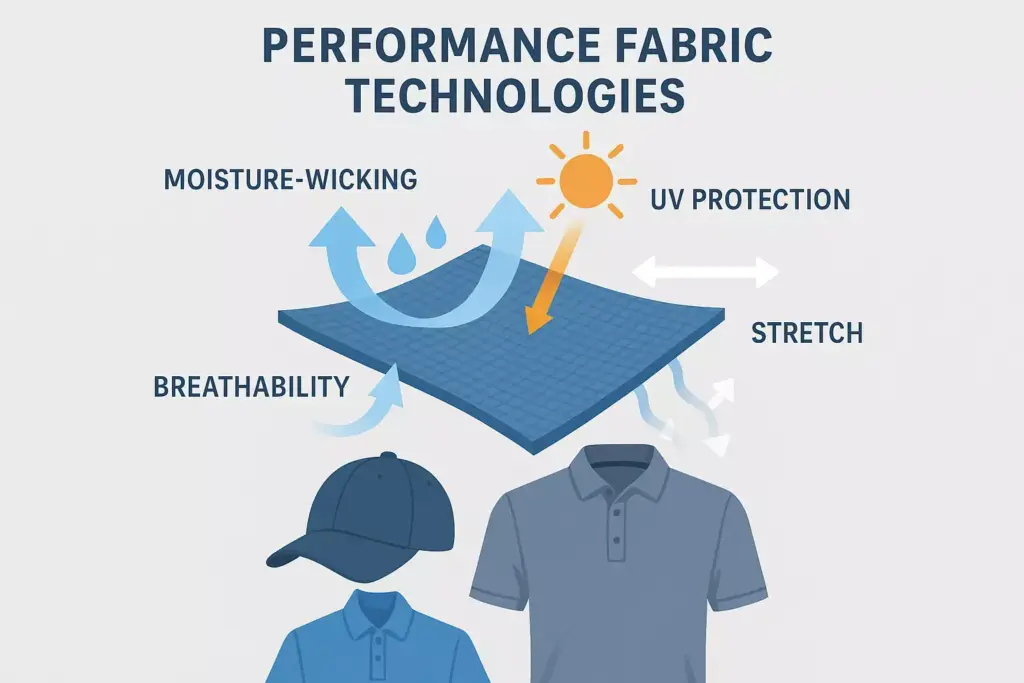 Illustration of fabric showing moisture-wicking, UV protection, breathability, and stretch, with shirts and a hat.