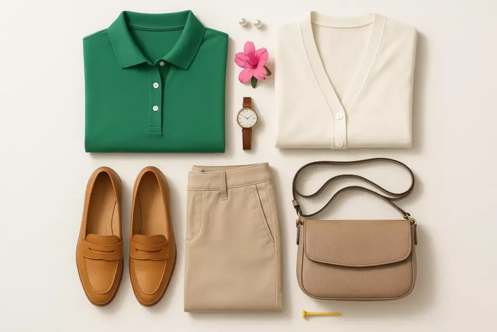 Flat lay of a green polo, white cardigan, beige pants, tan loafers, watch, bag, earrings, flower, and golf tee.