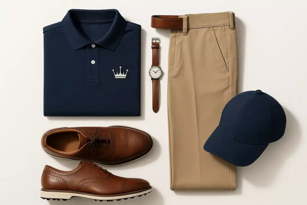 Flat lay of a navy polo shirt, beige pants, navy cap, brown dress shoes, brown belt, and watch.