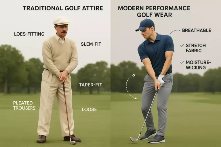 Two men golfing: one in loose traditional attire, the other in fitted, modern, stretchy, moisture-wicking golf wear.