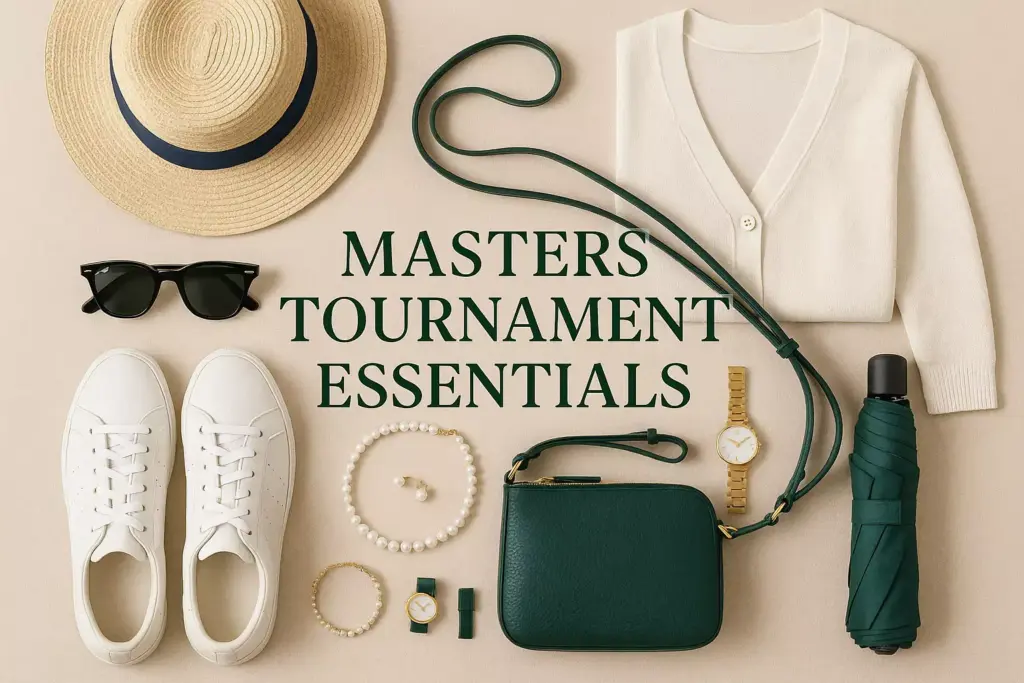 Flat lay of Masters Tournament essentials: hat, cardigan, sunglasses, shoes, purse, umbrella, jewelry, and watch.