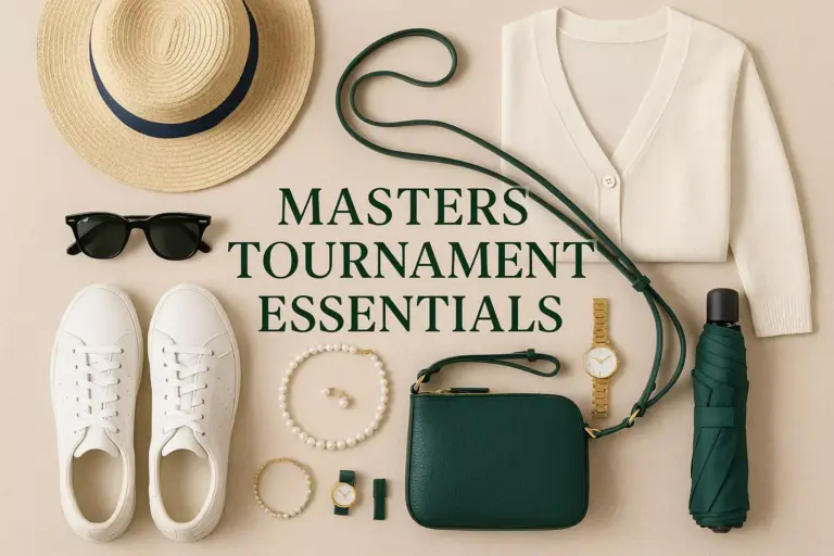 Flat lay of Masters Tournament essentials: hat, cardigan, sunglasses, shoes, purse, umbrella, jewelry, and watch.