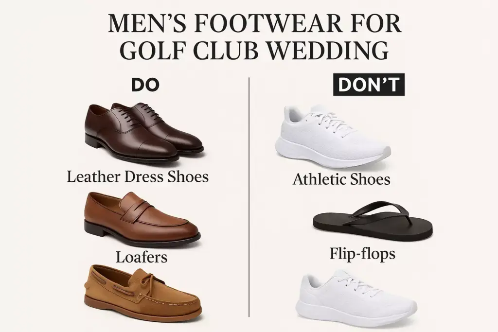 A guide shows dress shoes and loafers as suitable, and athletic shoes and flip-flops as unsuitable for a golf club wedding.