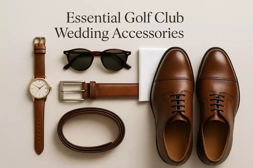 Brown leather shoes, belt, watch, sunglasses, and handkerchief arranged with text Essential Golf Club Wedding Accessories.