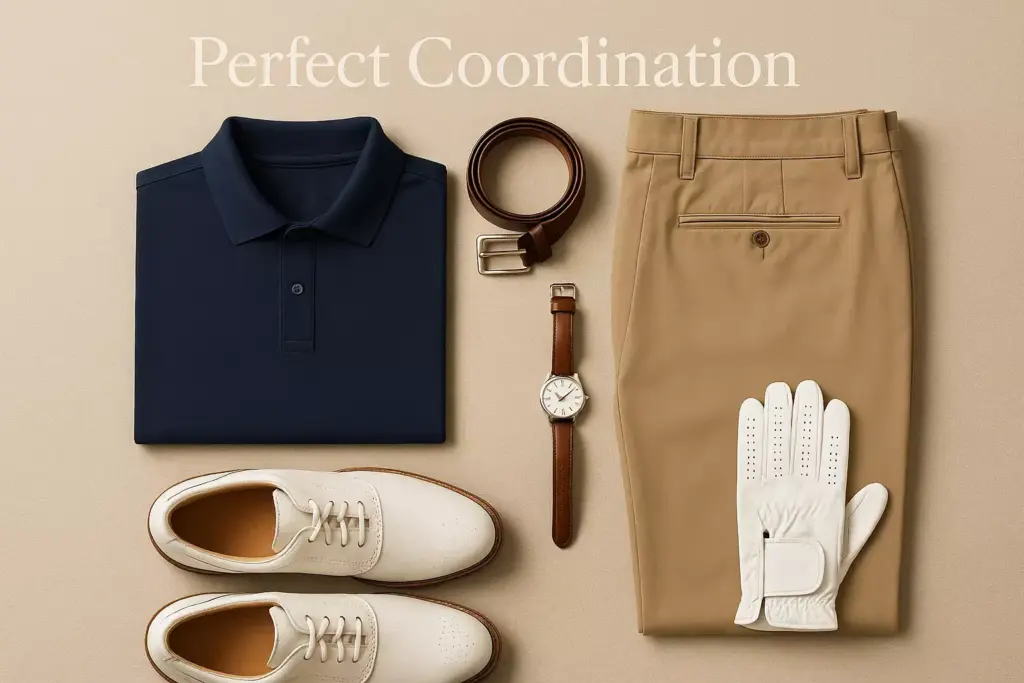 Flat lay of a navy polo, khaki pants, white shoes, white glove, brown belt, and brown watch on beige background.