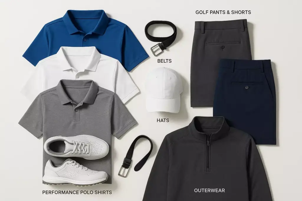 Flat lay of golf attire including polos, shorts, pants, hats, belts, outerwear, and white golf shoes.