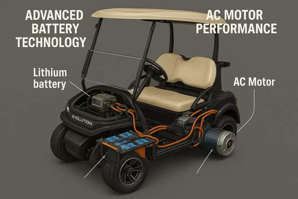 Cutaway view of a golf cart showing lithium battery and AC motor with labeled wiring and components.