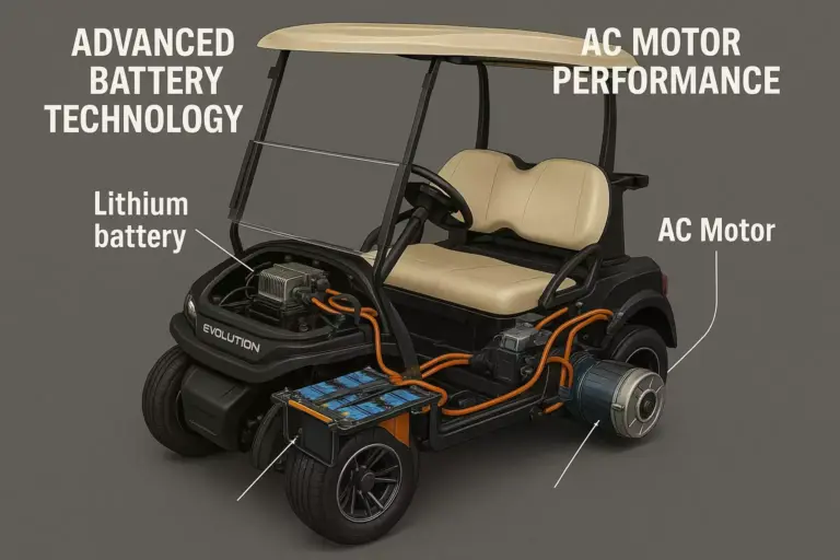 Cutaway view of a golf cart showing lithium battery and AC motor with labeled wiring and components.