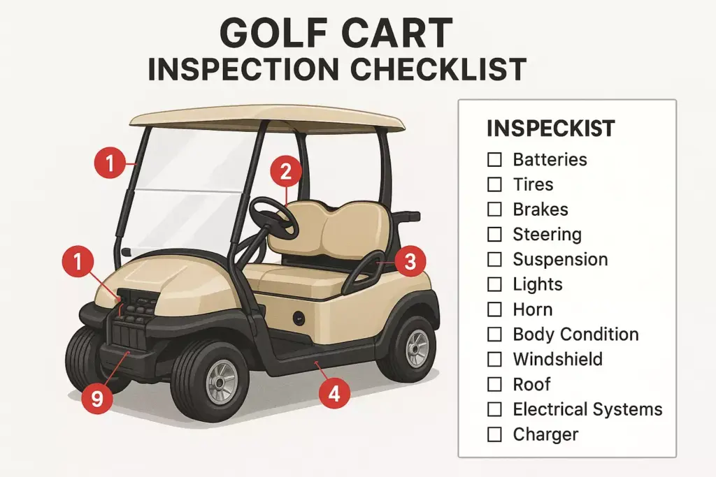Illustrated golf cart with labeled parts and an inspection checklist listing key components to check.
