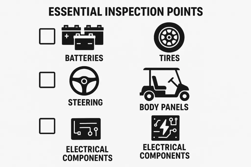 Checklist with icons for inspecting batteries, tires, steering, body panels, and electrical components.