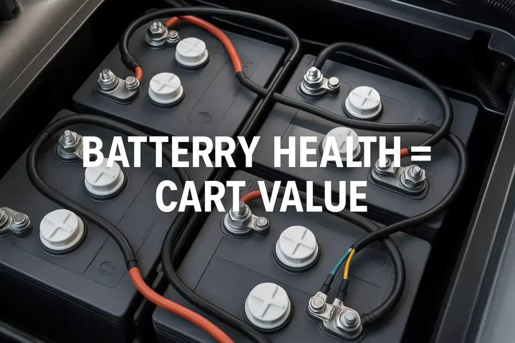 Four connected batteries with cables, overlaid text reads Battery Health = Cart Value.